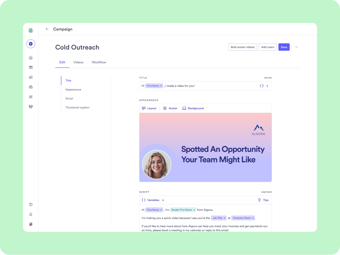 The campaign's Edit tab — authoring the title, appearance, and script, with personalization variables like First Name, Job Title, and Company Name dropped inline as tokens